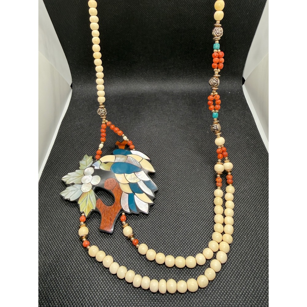 Vintage Lee Sands Mother of Pearl Abalone Bird Inlay Beaded Statement Necklace